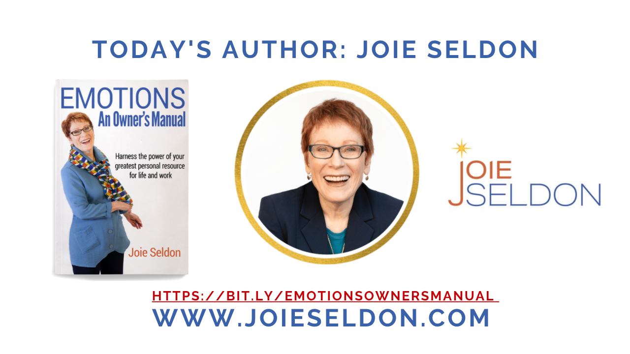 Author Spotlight on Joie Seldon, head shot, book cover, logo, url